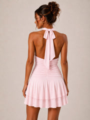 Halter Neck Ruched Frill Mini Dress