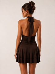 Halter Neck Ruched Frill Mini Dress