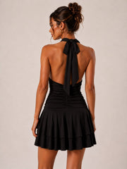 Halter Neck Ruched Frill Mini Dress