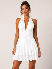 Halter Neck Ruched Frill Mini Dress