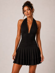 Halter Neck Ruched Frill Mini Dress