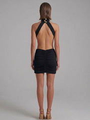Ruched Open Back Halter Neck Mini Dress