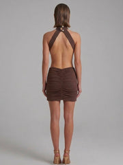 Ruched Open Back Halter Neck Mini Dress