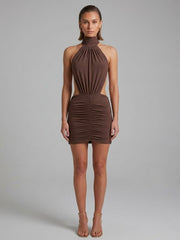 Ruched Open Back Halter Neck Mini Dress