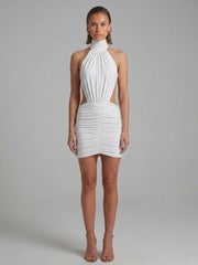 Ruched Open Back Halter Neck Mini Dress