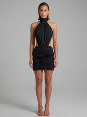 Ruched Open Back Halter Neck Mini Dress