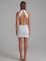 Ruched Open Back Halter Neck Mini Dress
