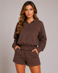 Zip Through Hoodie & Shorts Co-Ord Set - Brown