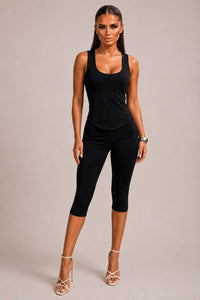Corset-Inspired Seam Detailing Top & Capri Legging Set - Black