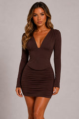 Long Sleeve Deep Plunge V-Neckline Mini Dress