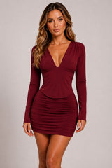 Long Sleeve Deep Plunge V-Neckline Mini Dress