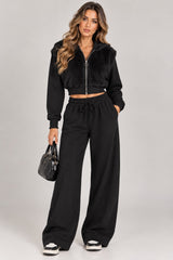 Faux Fur Zip-Up Hoodie & Wide Leg Jogger Co-Ord Set