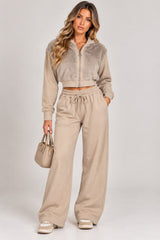 Faux Fur Zip-Up Hoodie & Wide Leg Jogger Co-Ord Set