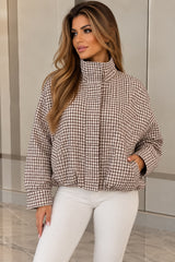 Check Print Funnel Neck Puffer Jacket