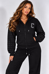 Diamanté Plain Zip Hoodie & Trouser Co-Ord Set