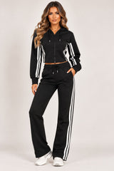 Contrast Double Stripe Zip-Up Hoodie & Wide Leg Joggers Co-Ord Set