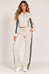 Contrast Double Stripe Zip-Up Hoodie & Wide Leg Joggers Co-Ord Set