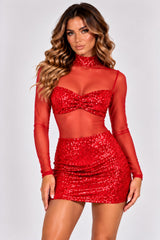 Sequin Mesh High Neck Bodycon Mini Dress
