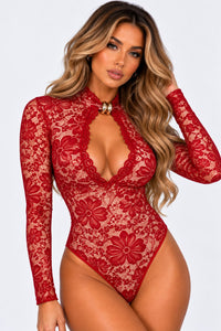 Floral Lace High Neck Long Sleeve Bodysuit - Zwart