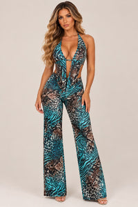 Animal Print Halter Neck Top & Wide Leg Trouser Set - Animal