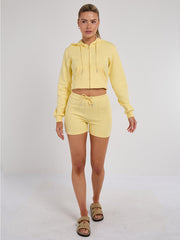 Zipped Hooded Crop Top & Seam Detail Shorts Fleece Co-ord