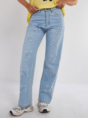 Crucifix geborduurde rechte been denim jeans