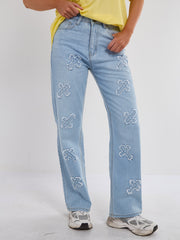 Crucifix geborduurde rechte been denim jeans