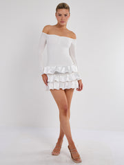 Off Shoulder Satin Frill Mini Dress