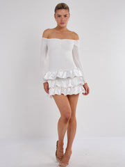 Off Shoulder Satin Frill Mini Dress