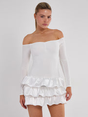 Off Shoulder Satin Frill Mini Dress