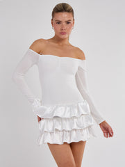 Off Shoulder Satin Frill Mini Dress