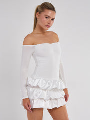 Off Shoulder Satin Frill Mini Dress