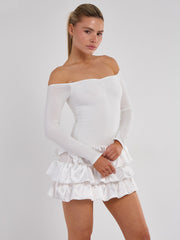 Off Shoulder Satin Frill Mini Dress