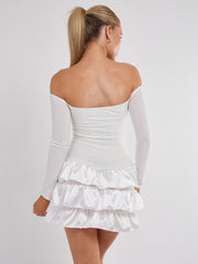 Off Shoulder Satin Frill Mini Dress