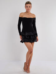 Off Shoulder Satin Frill Mini Dress