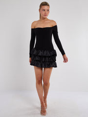 Off Shoulder Satin Frill Mini Dress