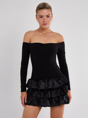 Off Shoulder Satin Frill Mini Dress