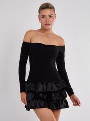 Off Shoulder Satin Frill Mini Dress