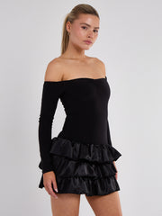 Off Shoulder Satin Frill Mini Dress