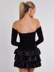 Off Shoulder Satin Frill Mini Dress