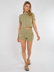 Ribbed Button Through Short Sleeve Top and Shorts Co-ord