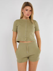 Ribbed Button Through Short Sleeve Top and Shorts Co-ord