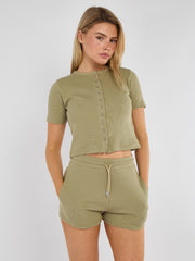 Ribbed Button Through Short Sleeve Top and Shorts Co-ord