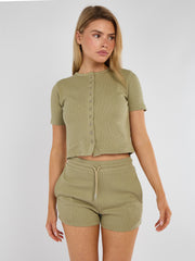Ribbed Button Through Short Sleeve Top and Shorts Co-ord