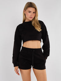 Cross Patch Cropped Sweatshirt & Shorts Fleece Co-ord - Black