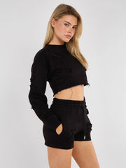 Cross Patch Cropped Sweatshirt & Shorts Fleece Co-ord