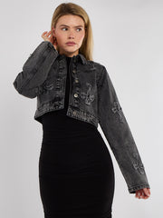 Cross Embroidered Cropped Denim Jacket