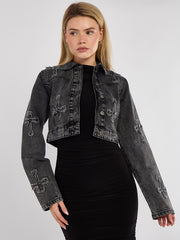 Cross Embroidered Cropped Denim Jacket
