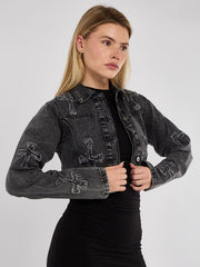 Cross Embroidered Cropped Denim Jacket
