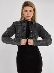 Cross Embroidered Cropped Denim Jacket